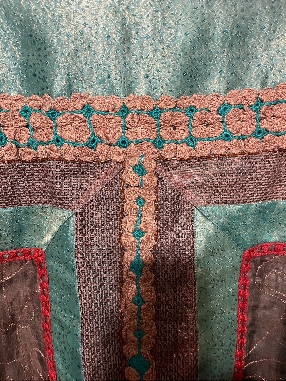 Stunning Crochet Patchwork Cardigan in Teal, Rust & Tan - Picture 5 of 8
